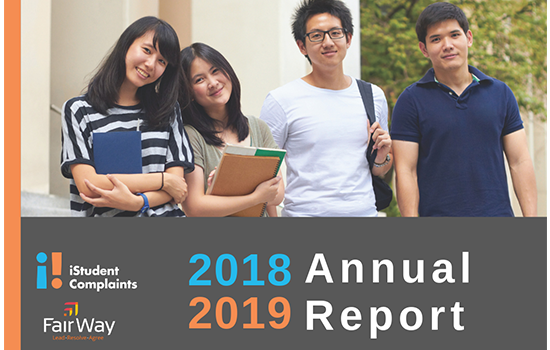 Annual Report 2018-2019, international students standing, two boys, two girls